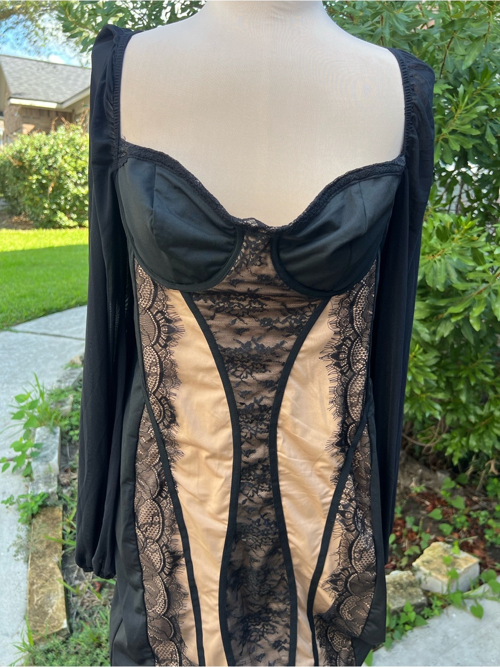 SHEIN Black and Nude Lace Corset Chemise